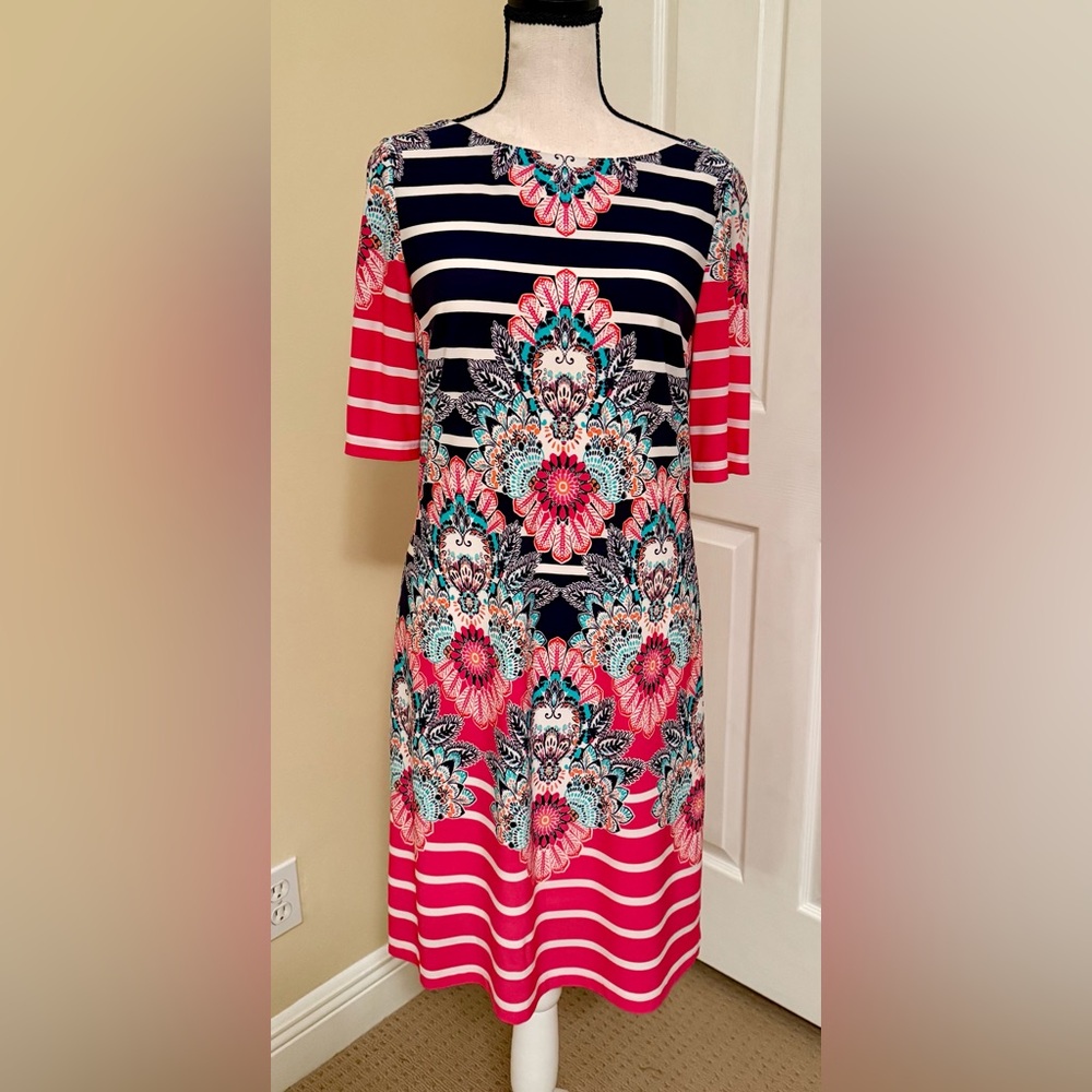 Eliza J Navy Pink Floral-Stripe Tunic Dress, Lined in cream, Sz 8P